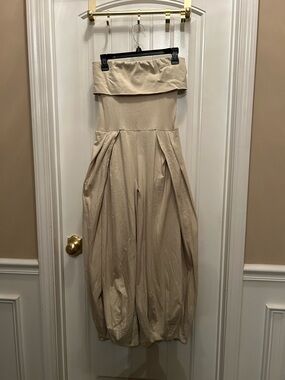 Free People Strapless Pleated Wide-Leg Jumpsuit in Beige